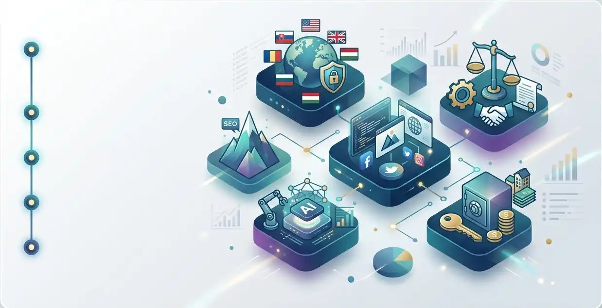 Ilustračná mapa technológií s globusom, vlajkami, ikonami SEO, AI, zabezpečenia a analytických grafov.