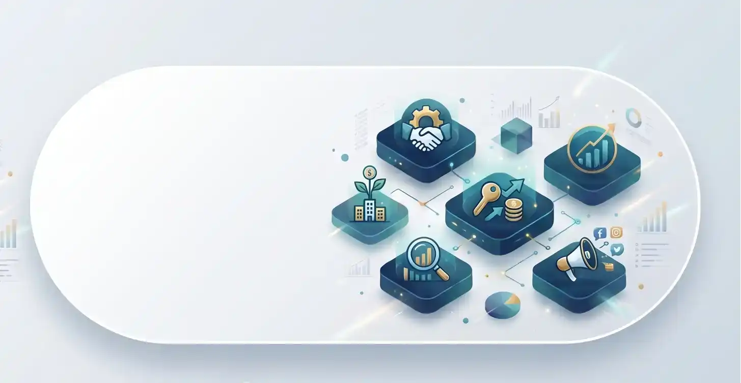 Ilustračná grafika s prepojenými ikonami biznisu, financií, analýz a marketingu na modrých kockách.