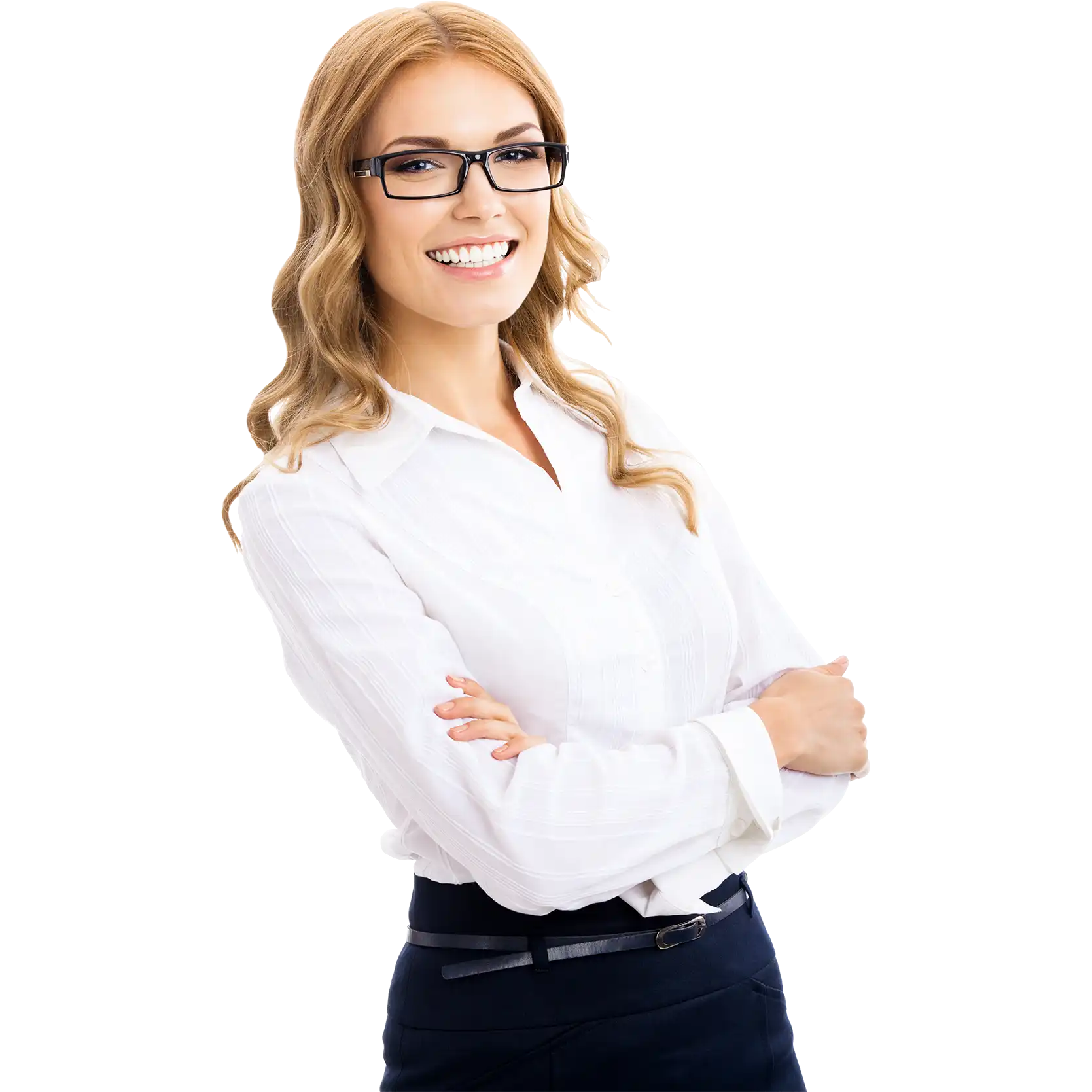 Smiling blonde woman wearing black glasses, white blouse, arms crossed against a black background.