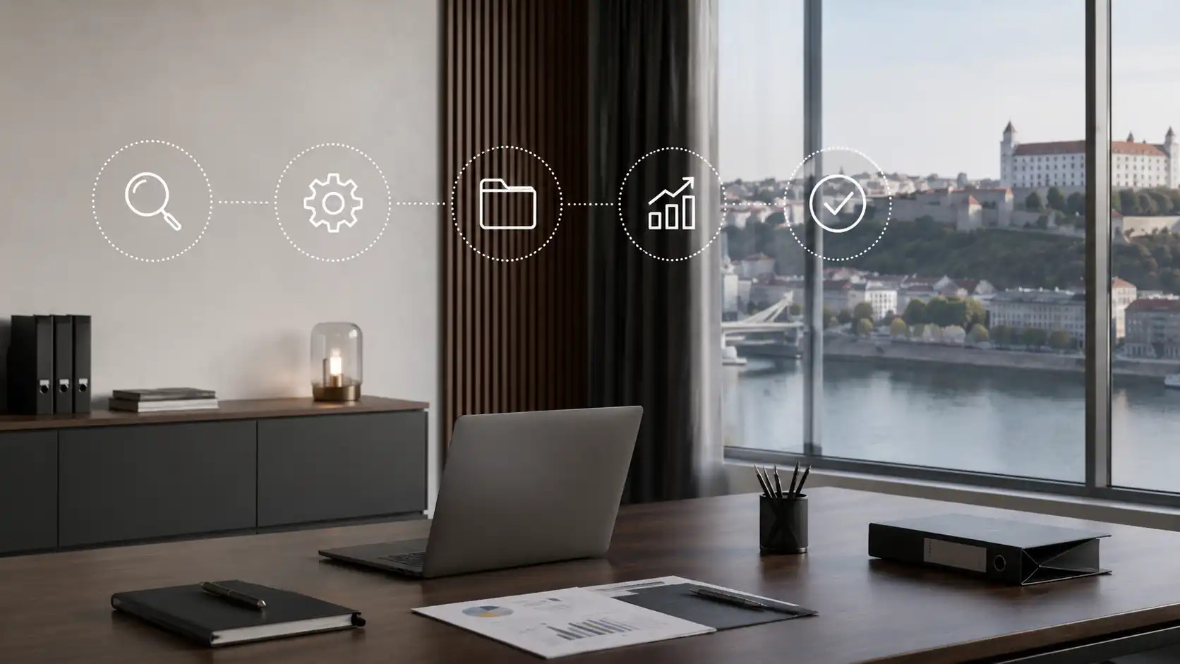 A modern office with a laptop by the window, a view of the city and analysis icons on the glass.