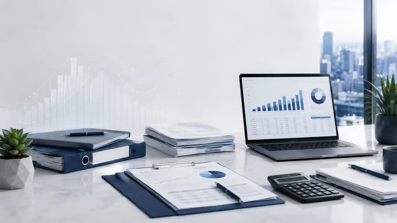 A desk with a laptop displaying graphs, a calculator and documents, by a window overlooking the city.