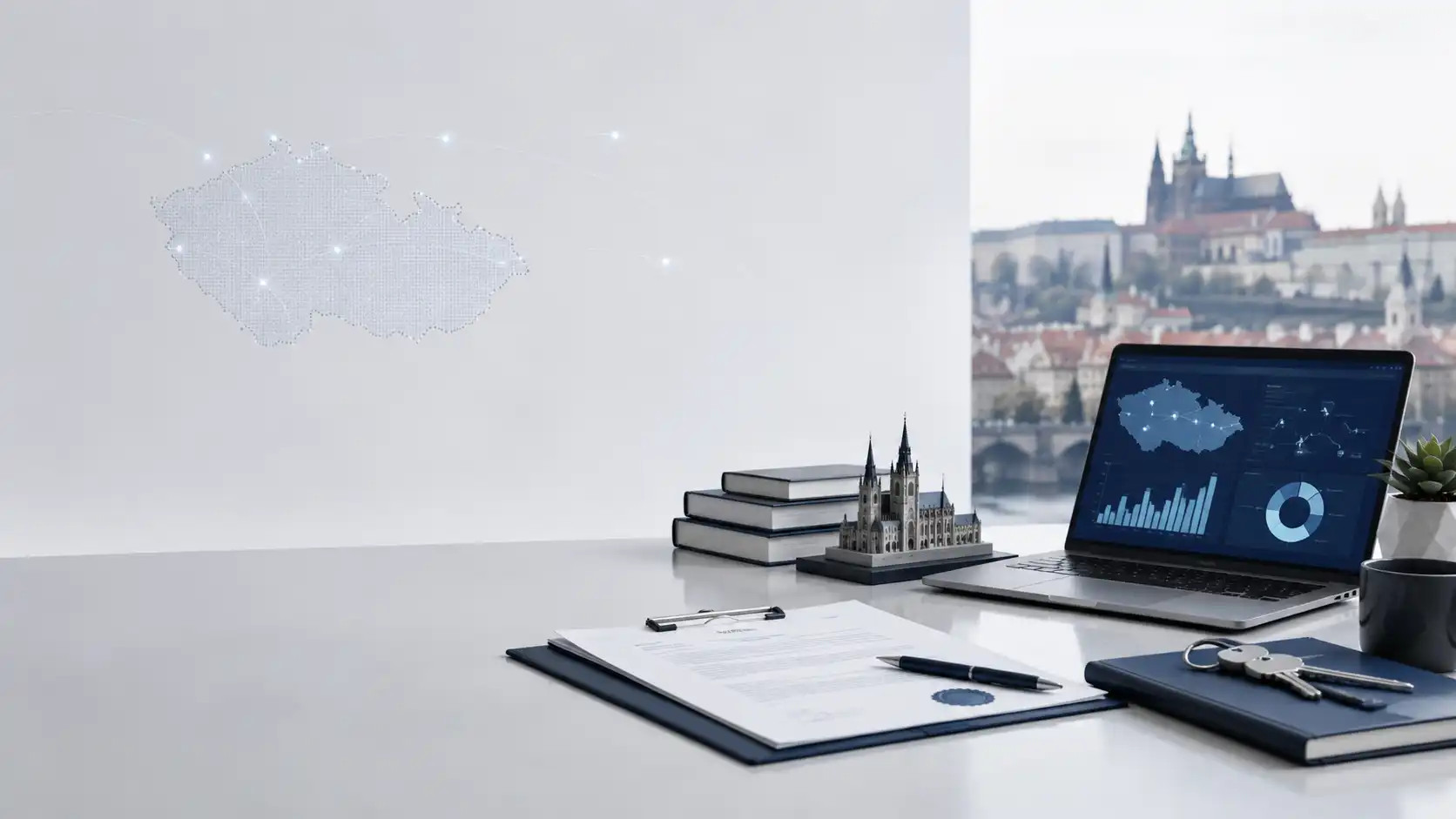 Schreibtisch mit Laptop, Büchern, Modellkirche und Karte, im Hintergrund Stadtansicht und digitale Datenanzeige.