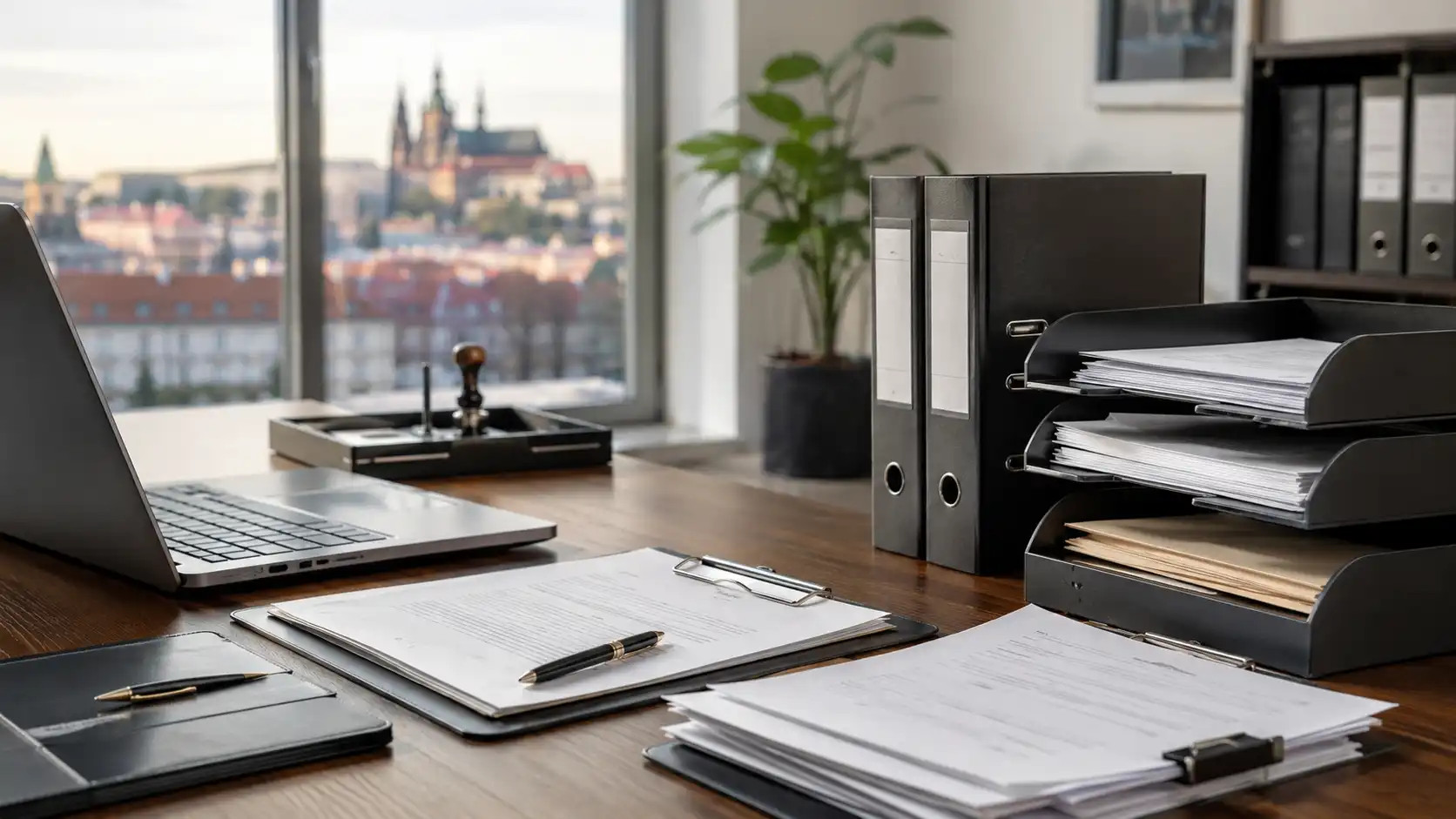 Büroarbeitsplatz mit Laptop, Dokumenten, Ordnern und Stempelkissen vor Fensterblick auf eine Stadt.
