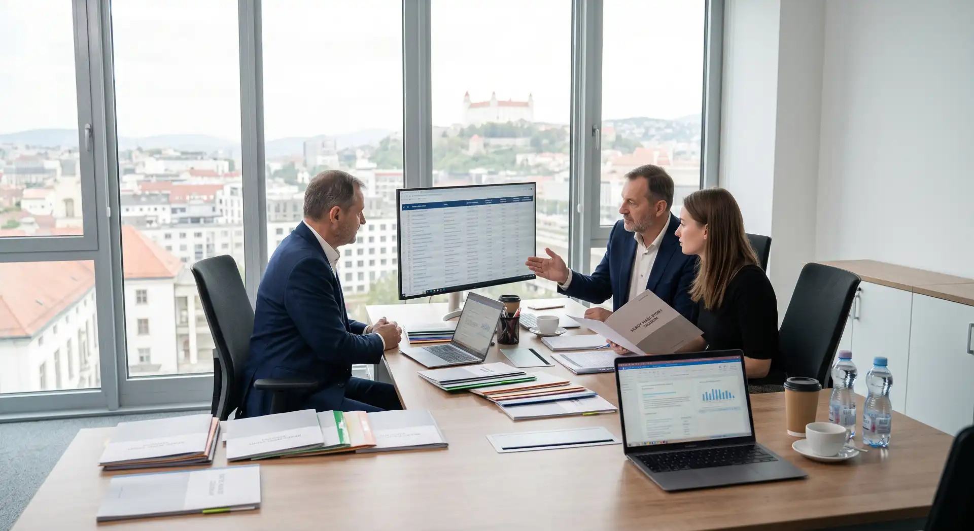 Der Kunde und der Berater sehen sich im Büro die Liste der Ready-made-Gesellschaften an.