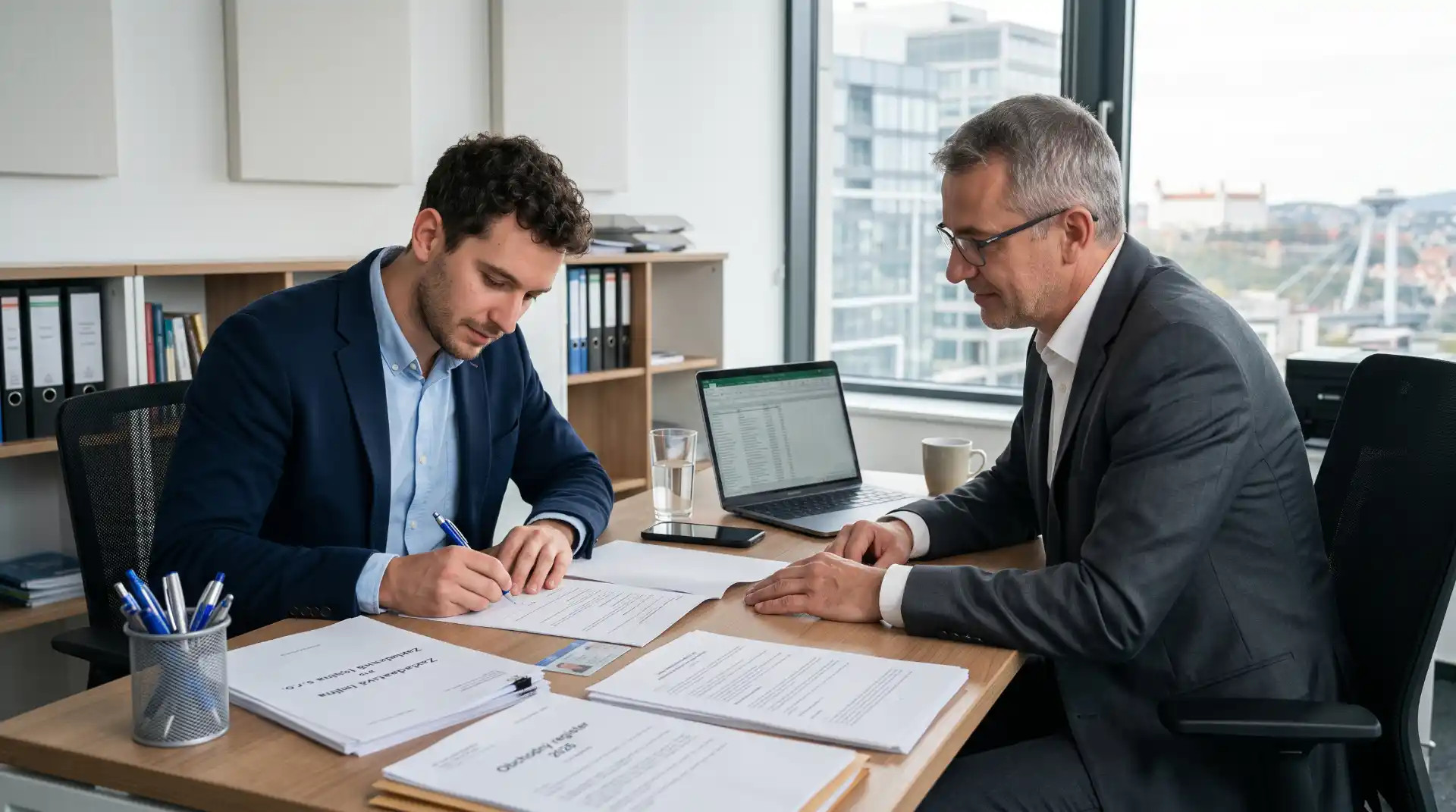 Der Gründer unterzeichnet die Unterlagen zur Gründung einer s. r. o. im Büro.