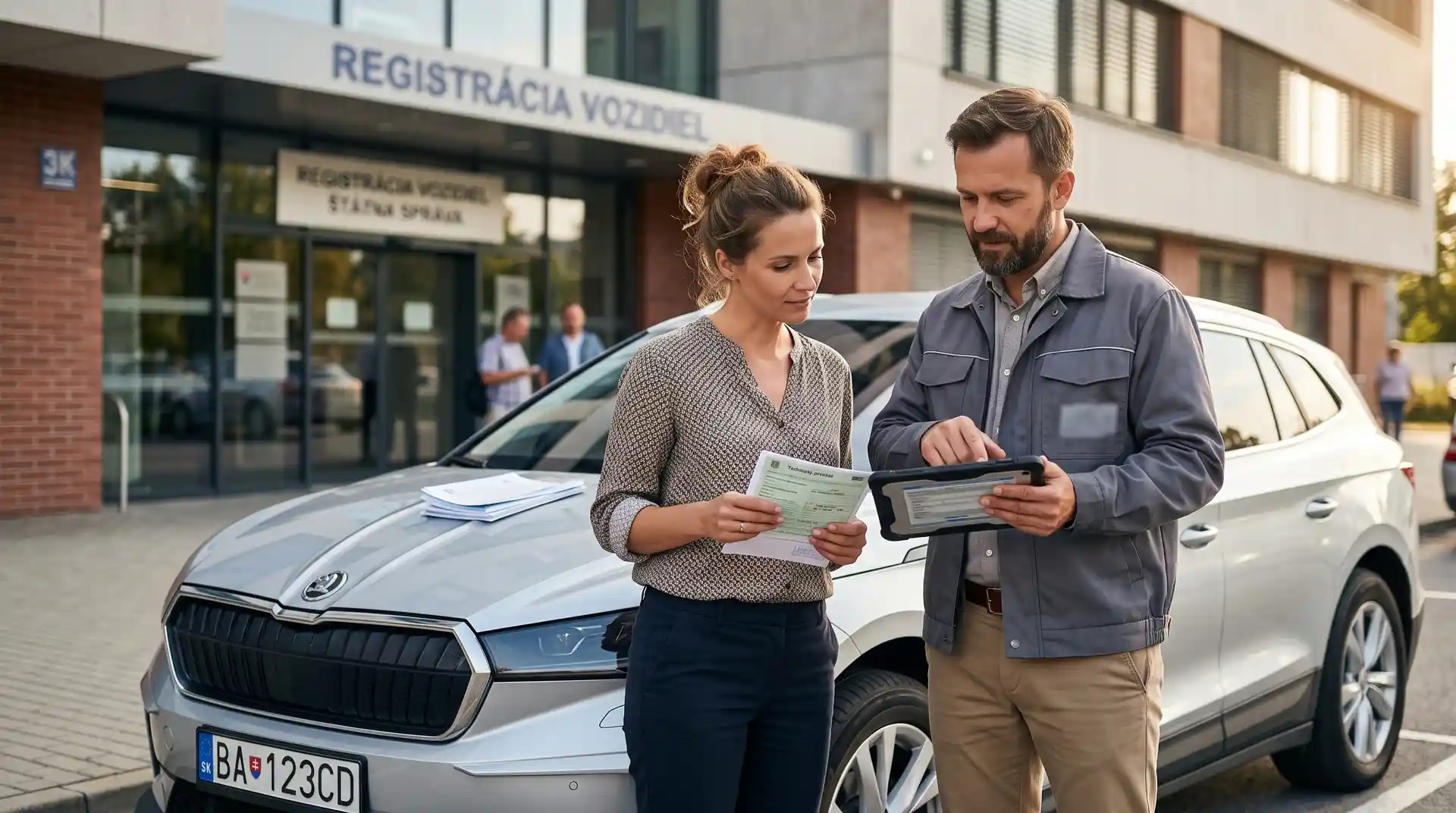 Majiteľ vozidla dokončuje administratívu registrácie pri modernom aute - doklady, mobil/eID, profesionálny koordinátor, slovenské prostredie.