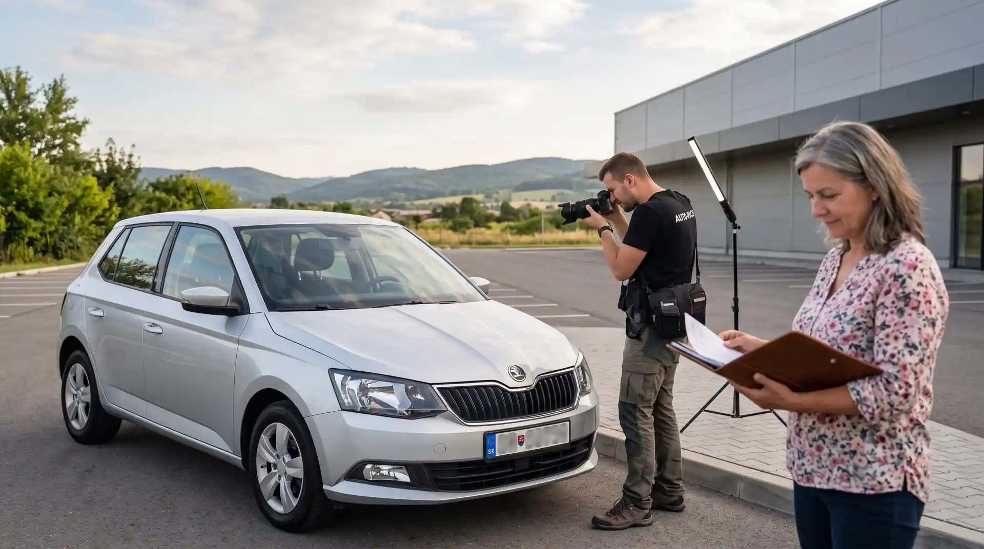 Majiteľ pripravuje jazdené auto na predaj a profesionál ho fotografuje / kontroluje, realistické slovenské prostredie, dôraz na transparentnú prezentáciu.