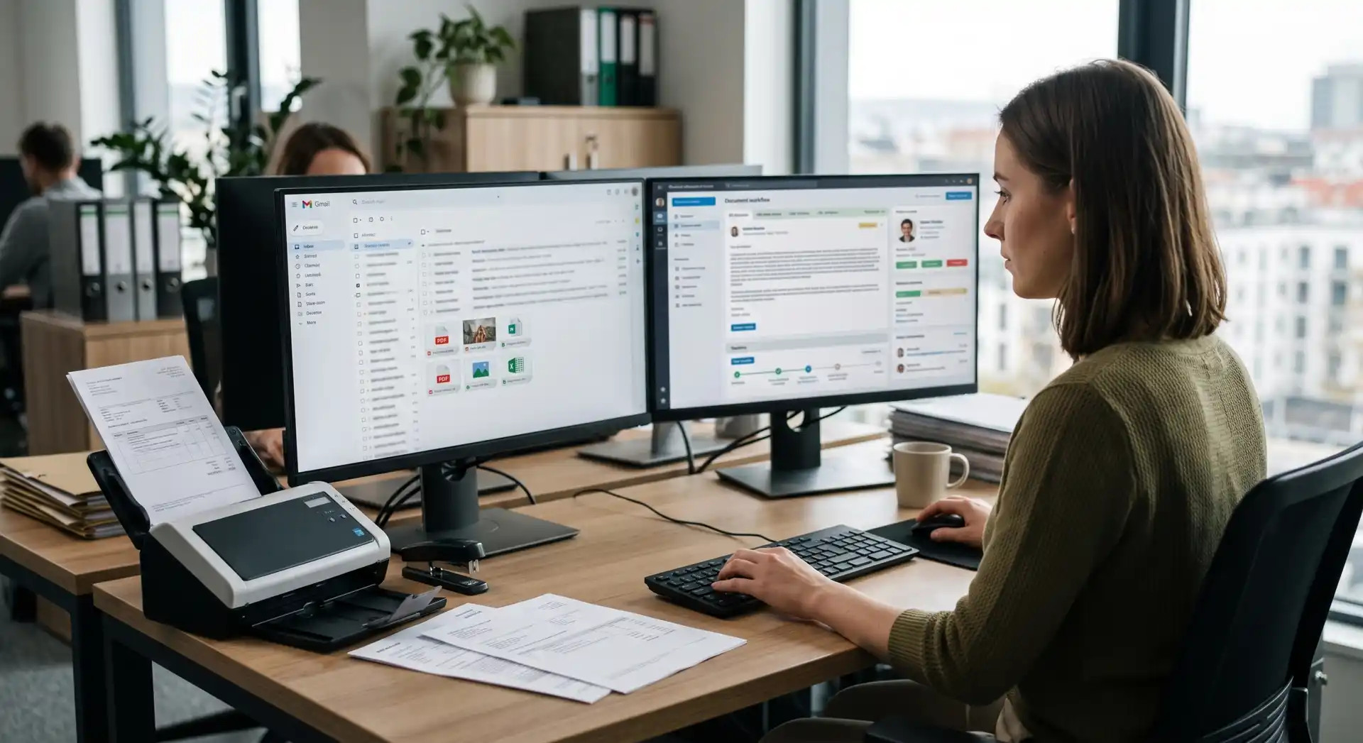 Reálny administratívny pracovník pri dvoch monitoroch, na jednom firemný inbox a na druhom dokumentový workflow/CRM; na stole fyzické dokumenty, realistický pracovný kontext.