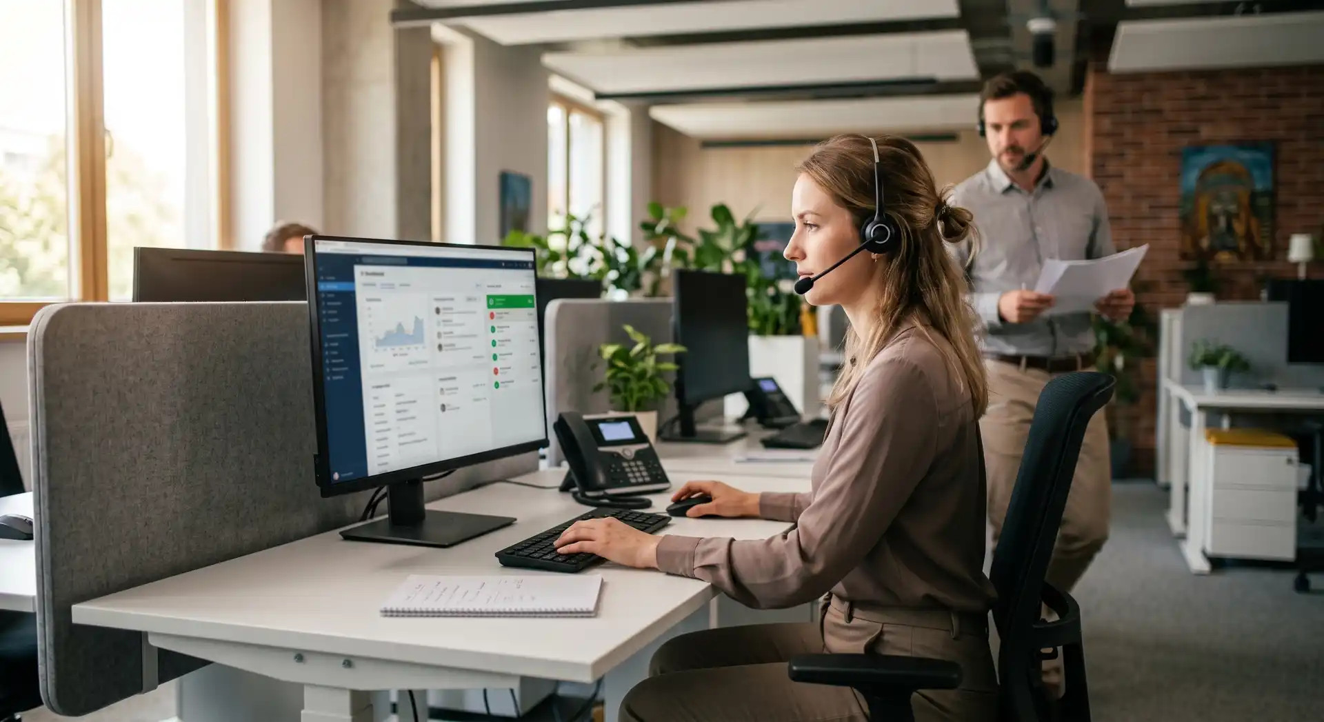 Profesionálna recepcia alebo kontaktné centrum: pracovníčka pri headsete a monitore s call workflowom, telefónny hovor sa zapisuje do CRM.