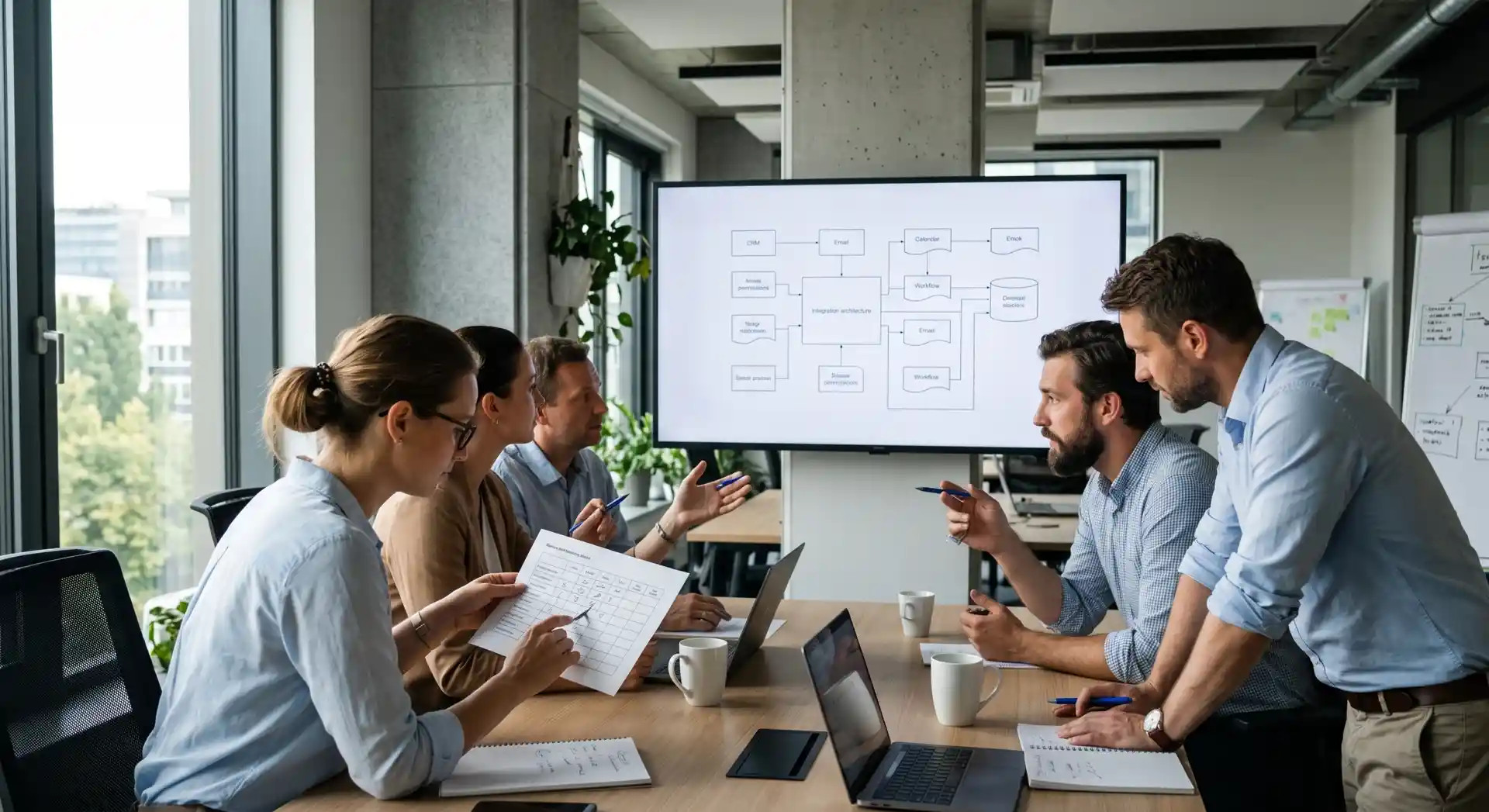 Technický a business tím pri reálnom integračnom workshope, na monitore diagram systémov CRM/e-mail/kalendár/AI workflow, ľudia kontrolujú oprávnenia a proces.