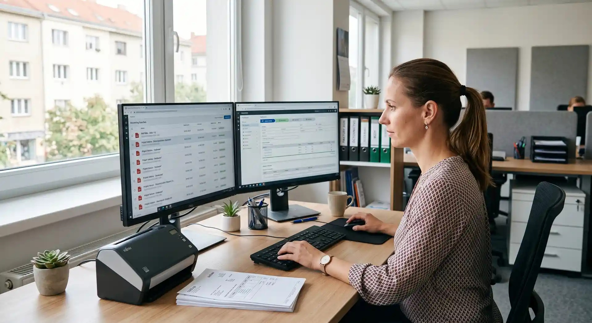 Reálna účtovná kancelária: pracovníčka kontroluje digitálne faktúry na monitore, vedľa fyzický doklad a skener; druhý monitor ukazuje workflow prijatie - kontrola - účtovník bez čitateľných údajov.