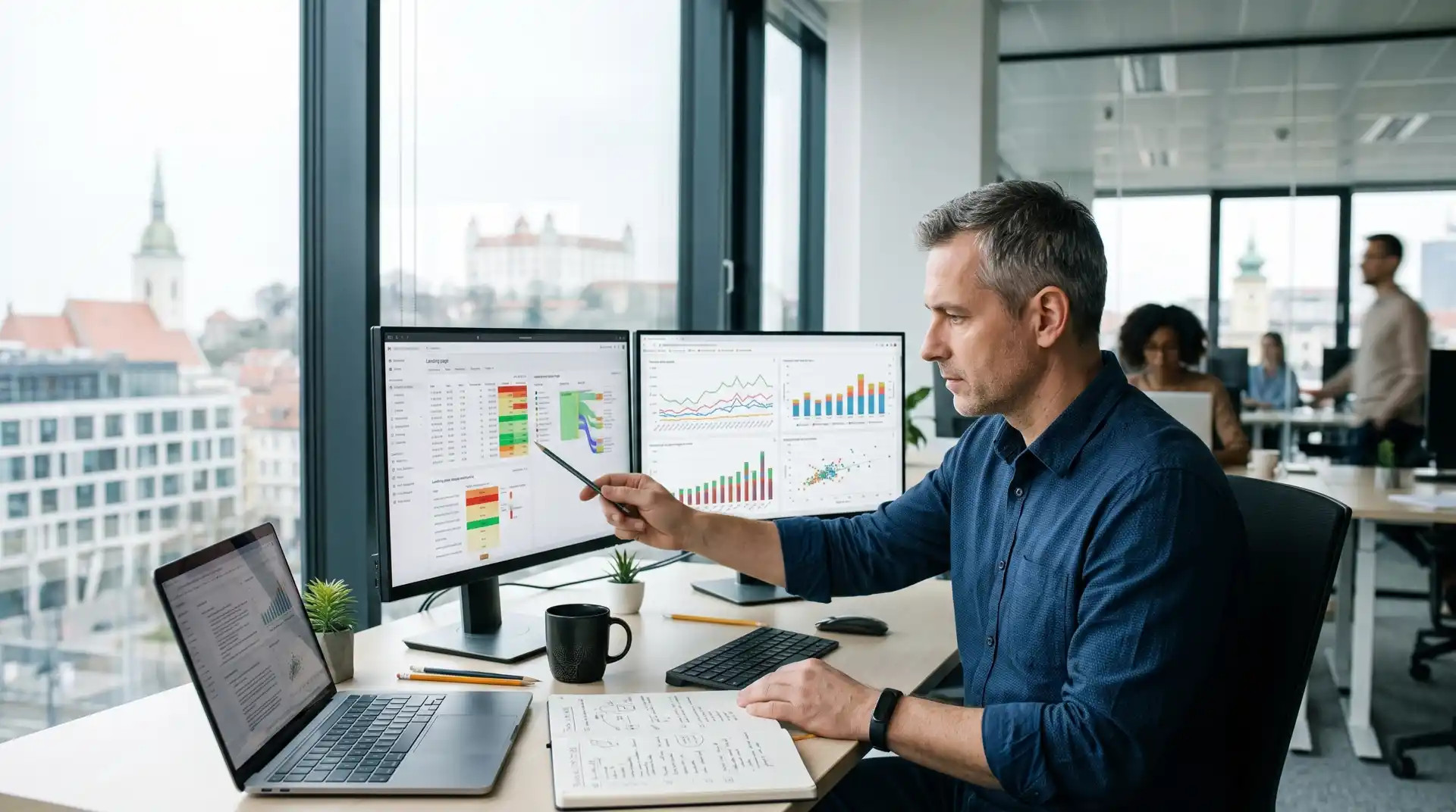 SEO analytik v reálnej kancelárii porovnáva dva časové grafy organickej návštevnosti okolo marcových dátumov, vedľa má checklist technického auditu. Monitor má realistické, ale nečitateľné analytické grafy.