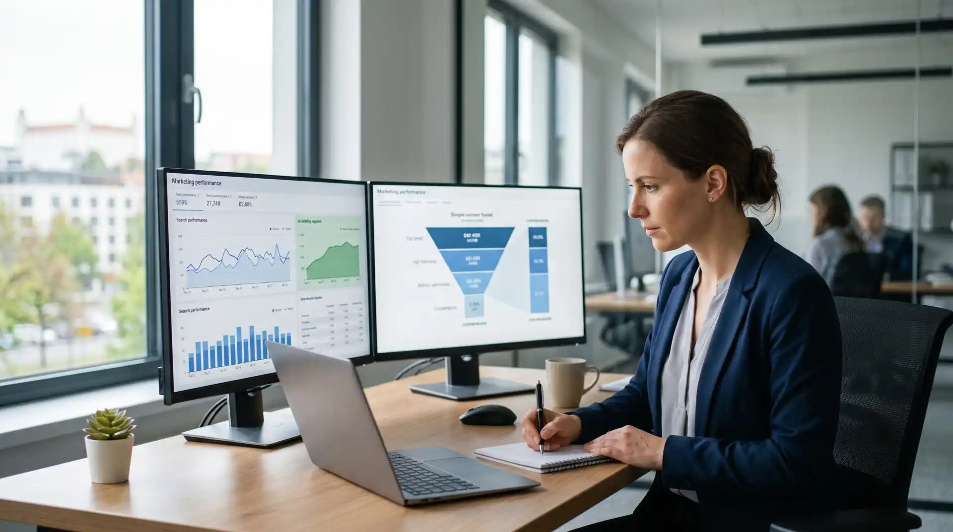 Marketingový analytik pri dvojici monitorov porovnáva organickú viditeľnosť a konverzný funnel. Na jednom monitore realistický Search Console-like graf, na druhom analytika s udalosťami; žiadne čitateľné značky.