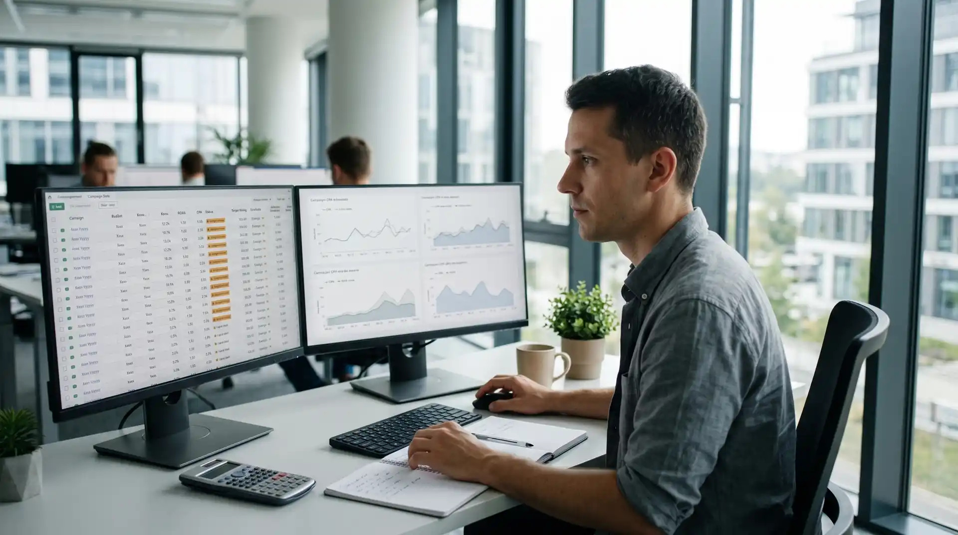 PPC analytik kontroluje Limited by budget kampane na monitore; vedľa má tabuľku s target CPA/ROAS a reálnymi výsledkami.