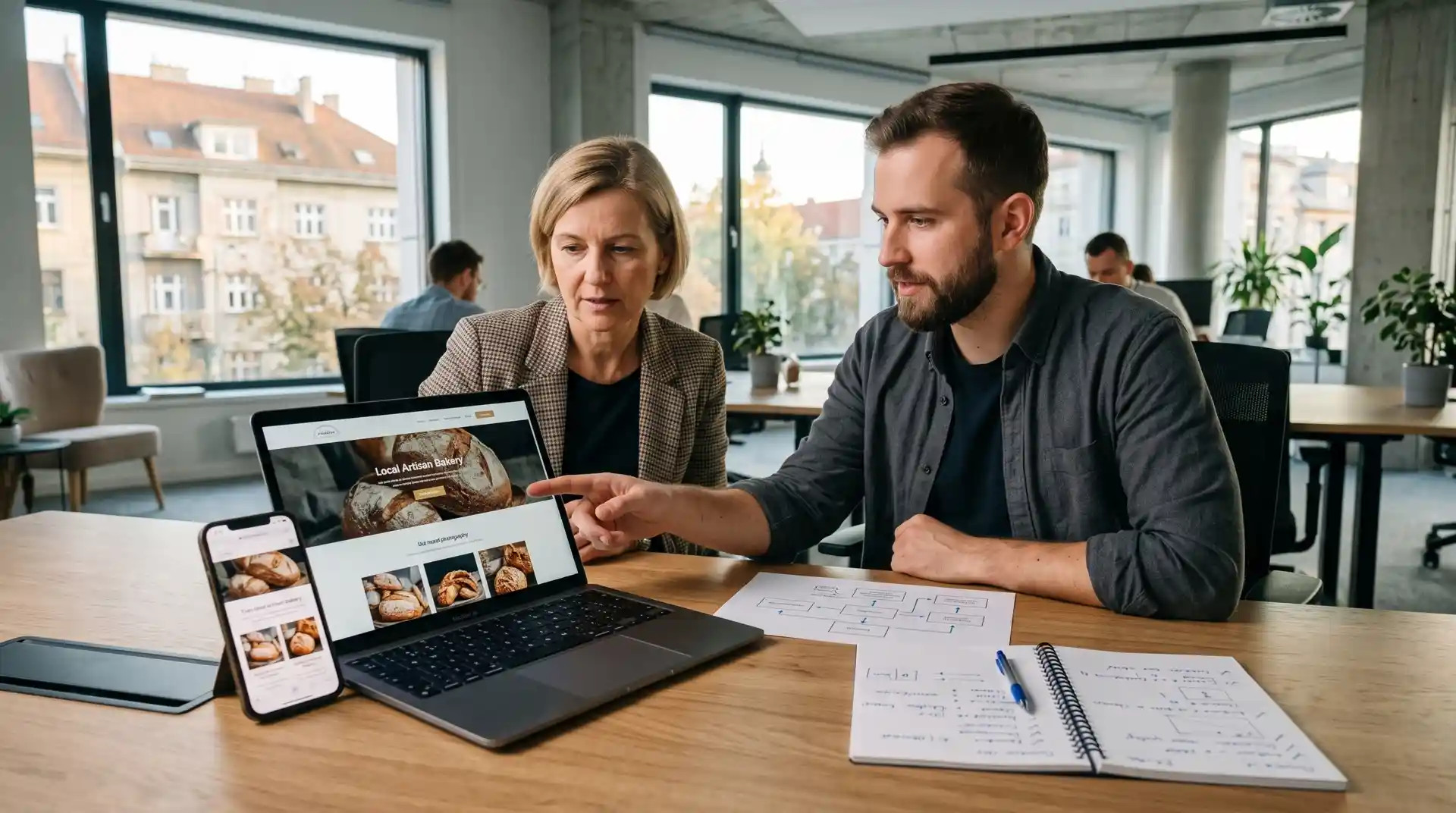 Webdizajnér a majiteľ firmy kontrolujú návrh firemného webu na notebooku a mobile.