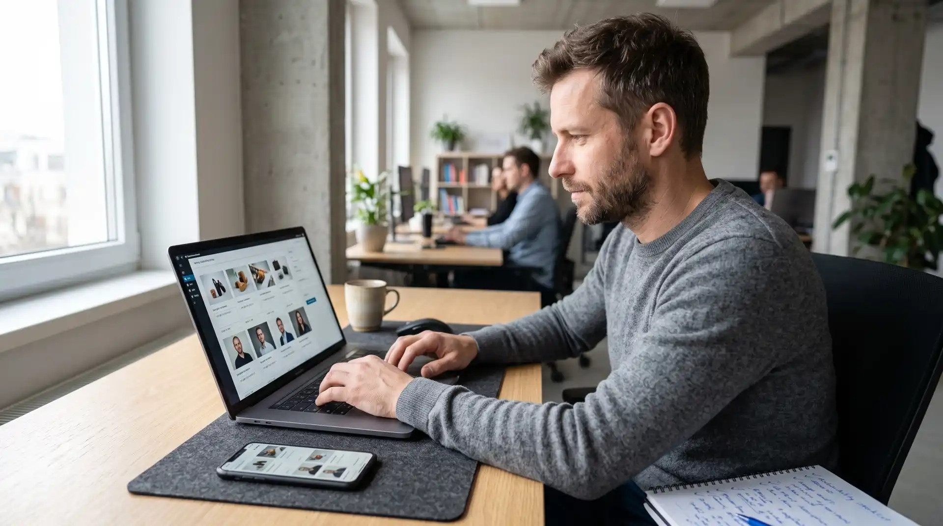 Webdizajnér upravuje popis obrázka na firemnom webe a kontroluje jeho mobilné zobrazenie.