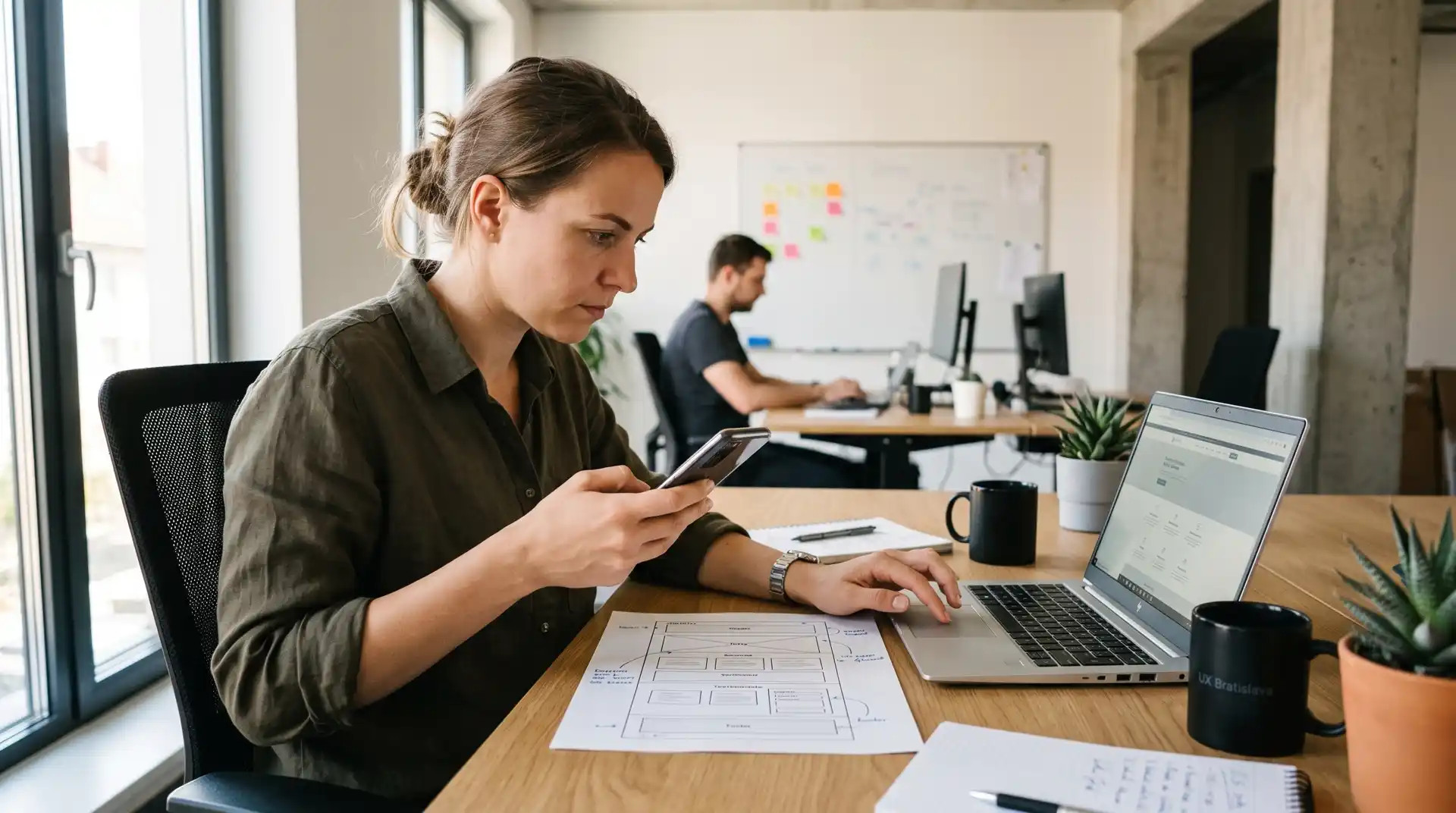 Webdizajnér testuje navigáciu a sekcie dlhej firemnej stránky na notebooku a mobile.