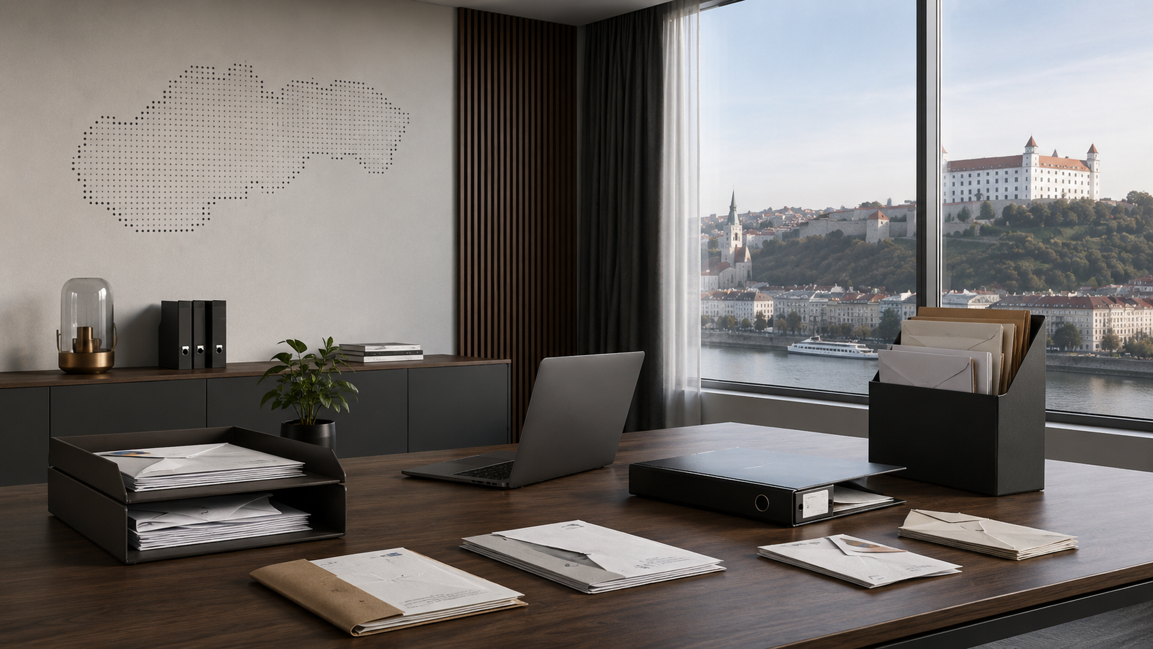 Ein modernes Büro von SKCompanies mit einem Schreibtisch, Unterlagen, einem Laptop und Blick auf die Donau und die Burg von Bratislava.