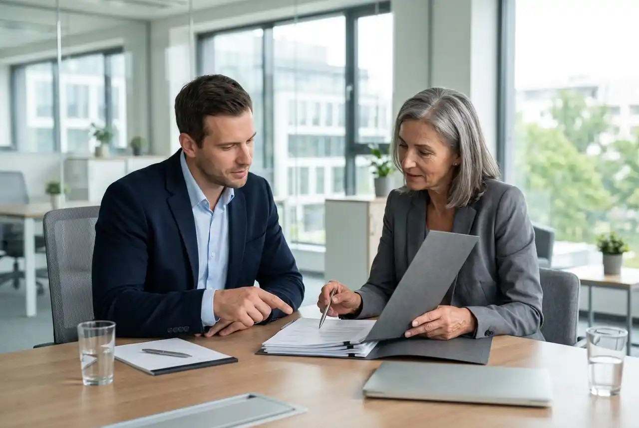 Two businessmen are sitting in an office, looking through documents and signing a contract at a desk.
