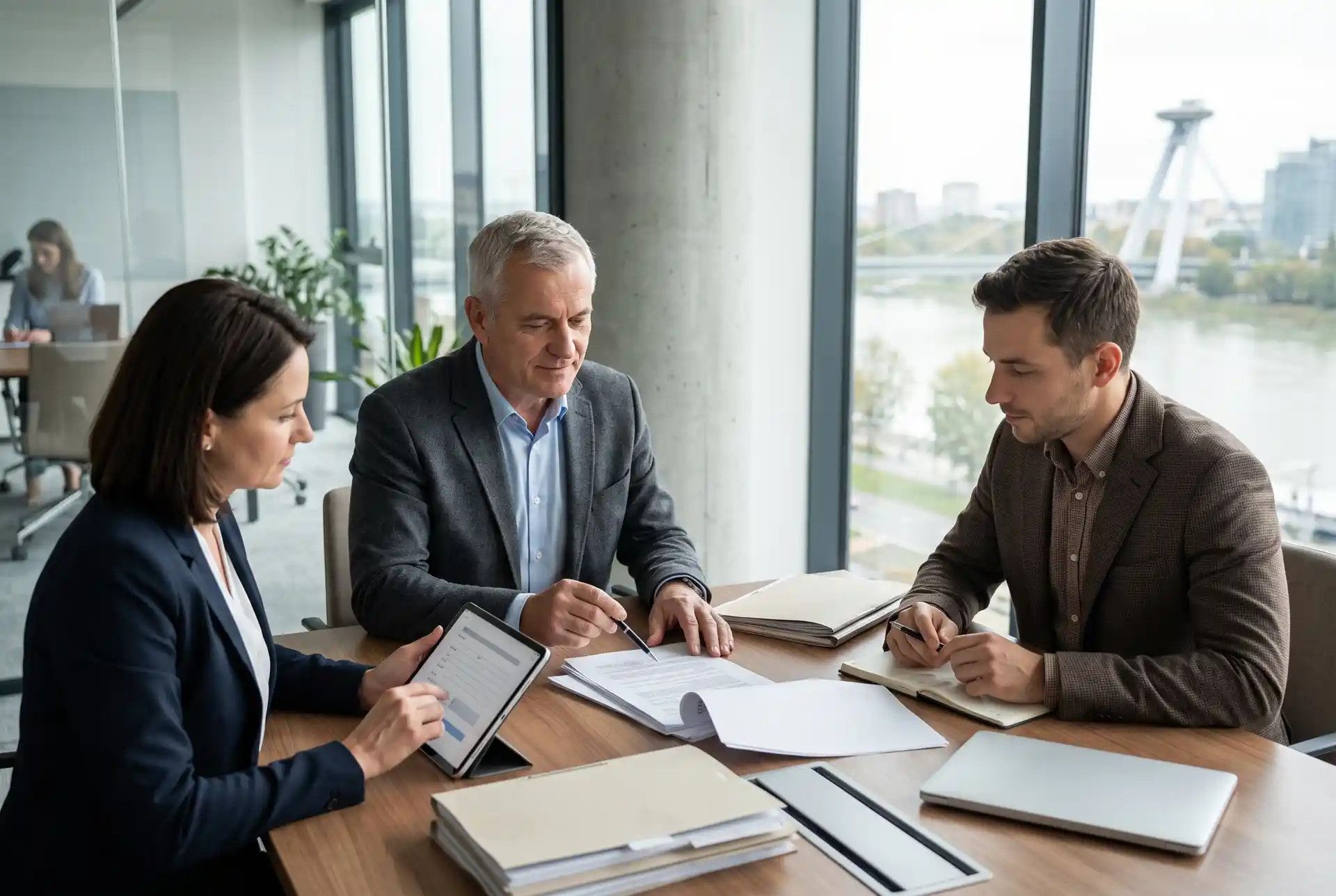 A team in the office is discussing the purchase of a company around a table; an older man is showing some documents, whilst two colleagues are taking notes and watching.