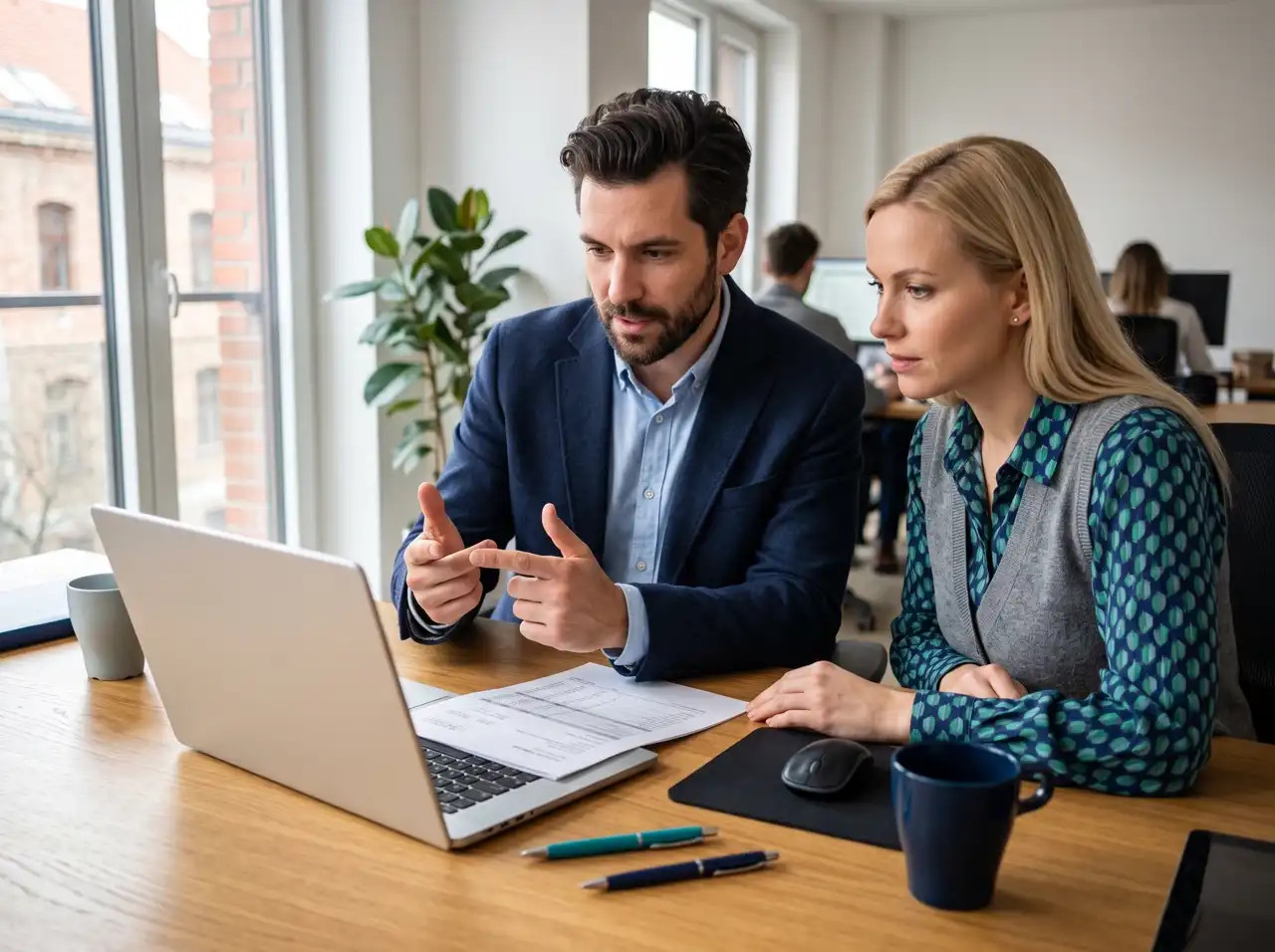 A man and a woman are discussing some documents at a laptop in an office; the woman is watching intently.