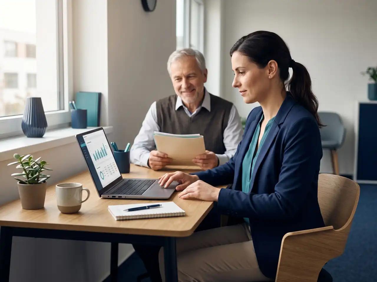 A woman is working on her laptop in an office; an older man is showing her some documents at a desk.