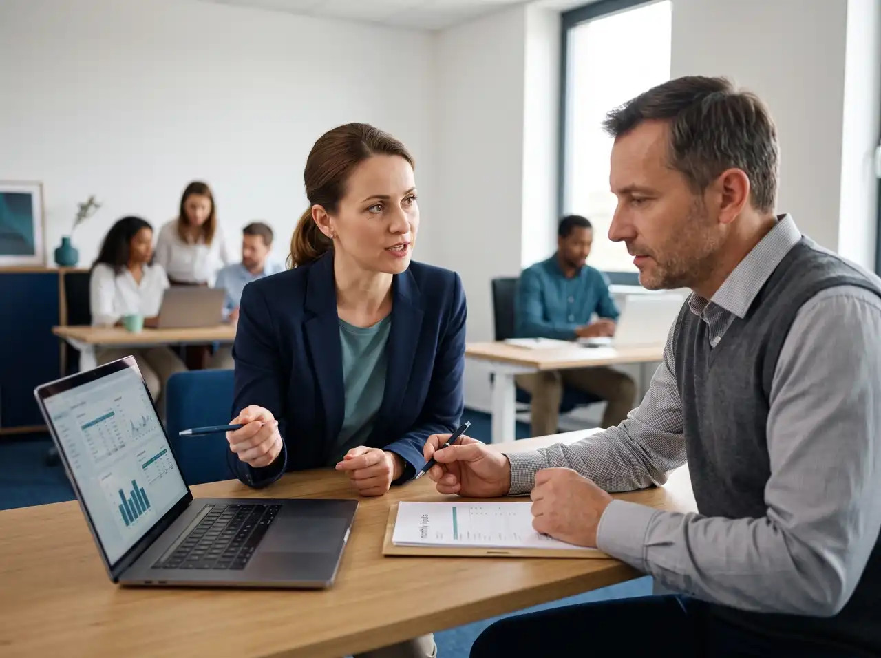 A woman in a jacket and a man at a desk are discussing the charts on a laptop in an office.