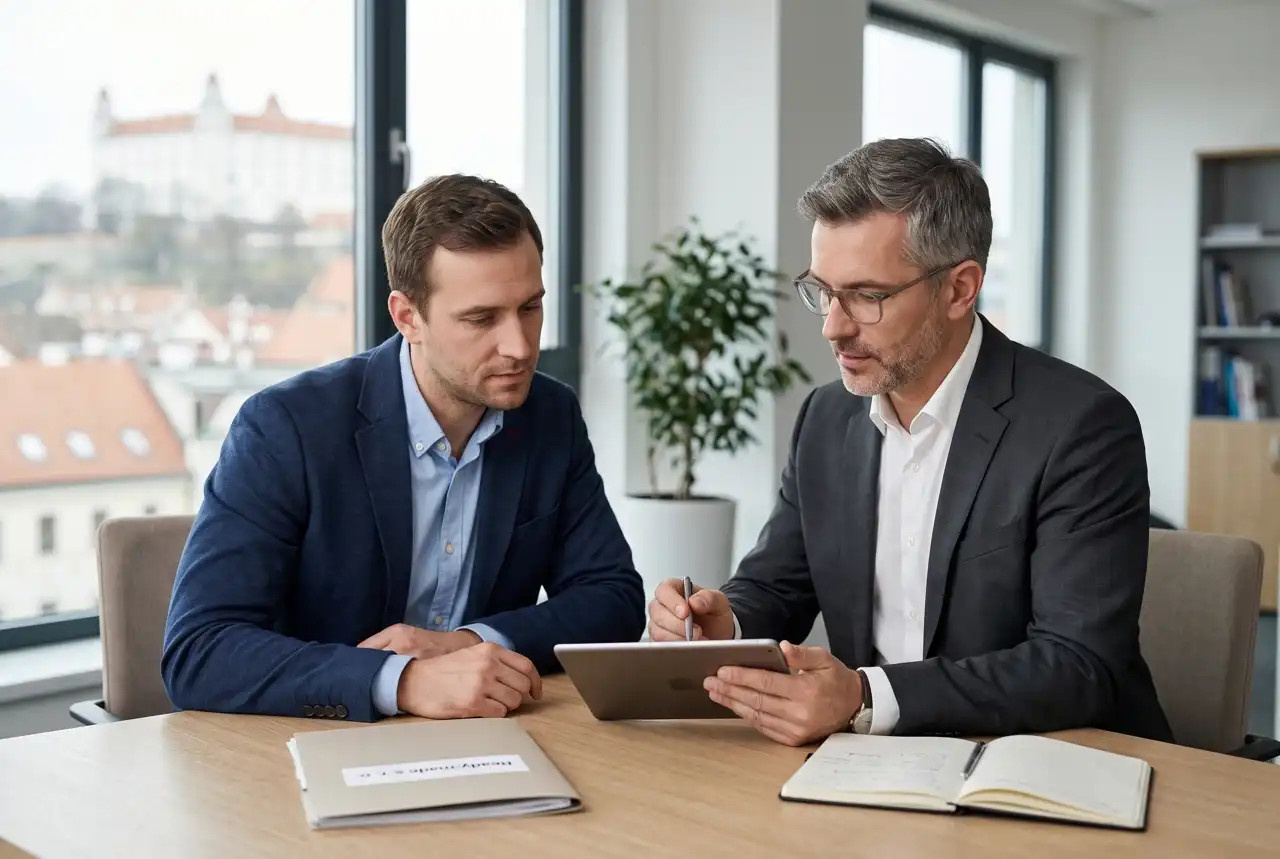 Dvaja obchodníci sedia v kancelárii SKCompanies, kde sa uskutočňuje kúpa ready-made s.r.o. neplatca DPH.