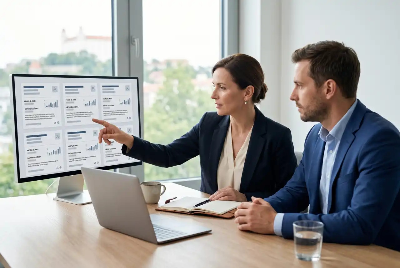A woman and a man in an office are pointing at a screen displaying charts and a dashboard, discussing the purchase of a ready-made company at a desk.