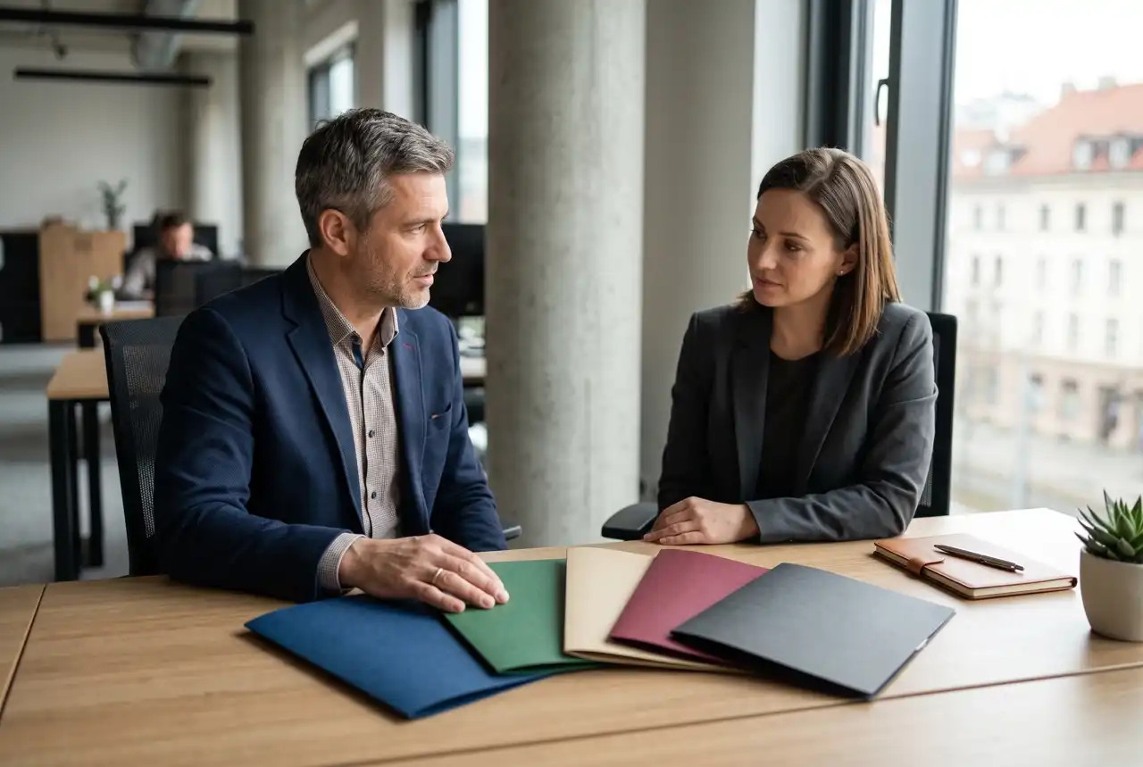 Dvaja obchodní partneri sedia v kancelárii pri stole, prezerajú dokumenty a diskutujú o kúpe ready-made firmy platca DPH.