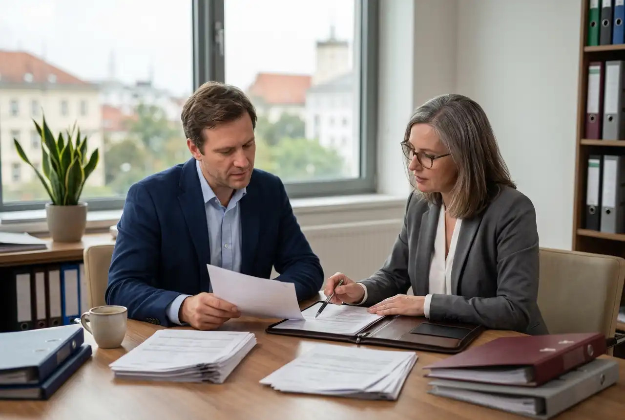 Two businesspeople are sitting at a desk in an office, going through documents and preparing the paperwork for the company’s VAT registration.