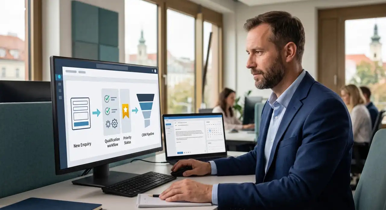 Muž v obleku pracuje pri dvoch monitoroch s vizuálnym dashboardom v kancelárii.