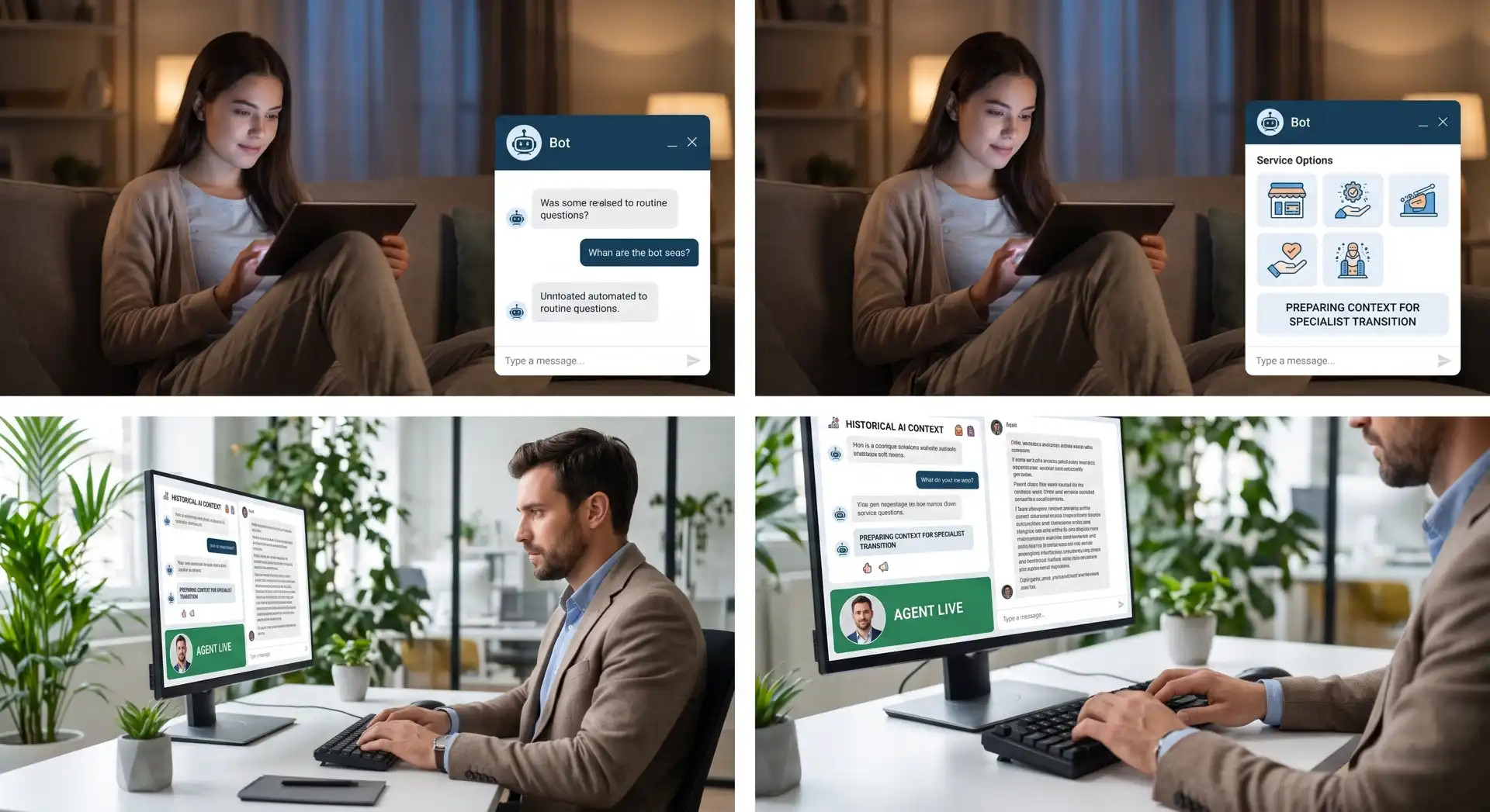 Žena a muž pracujú pri počítači s chatbot rozhraním a služobnými možnosťami na obrazovke.