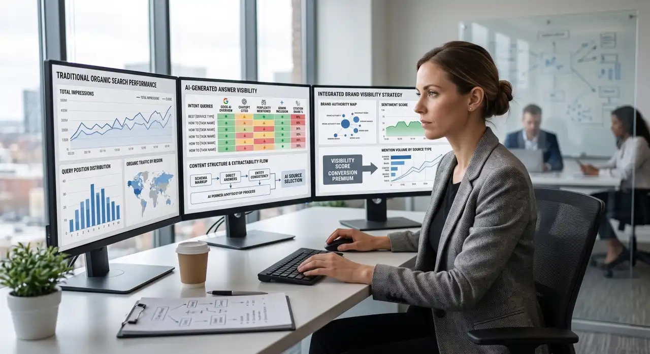 Žena v kancelárii pracuje pri počítači, vedľa monitorov s analytickými grafmi a dashboardmi.
