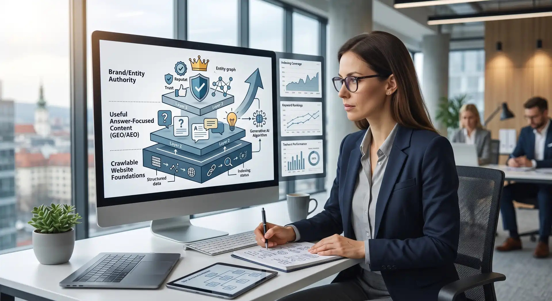 Žena v kancelárii pracuje pri počítači s diagramom SEO a analytickými grafmi na monitore.