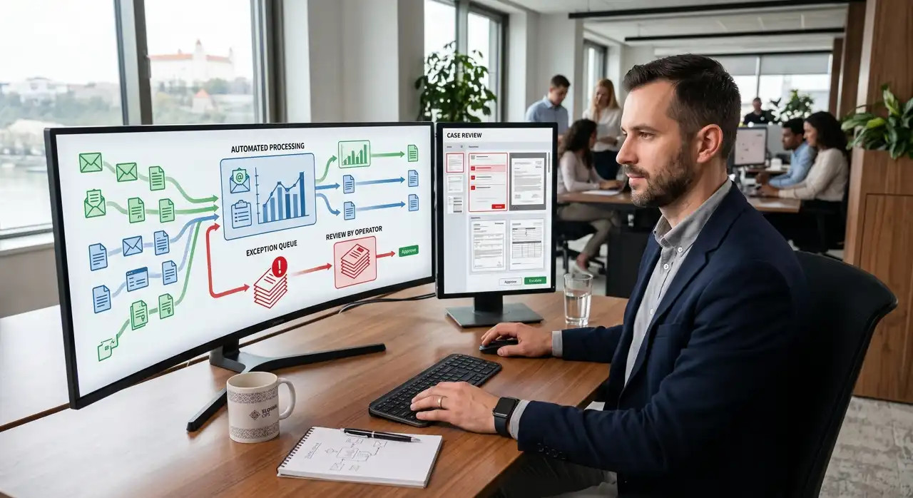 Muž v kancelárii pracuje pri dvoch monitoroch s diagramami automatizácie a kontrolou prípadov.