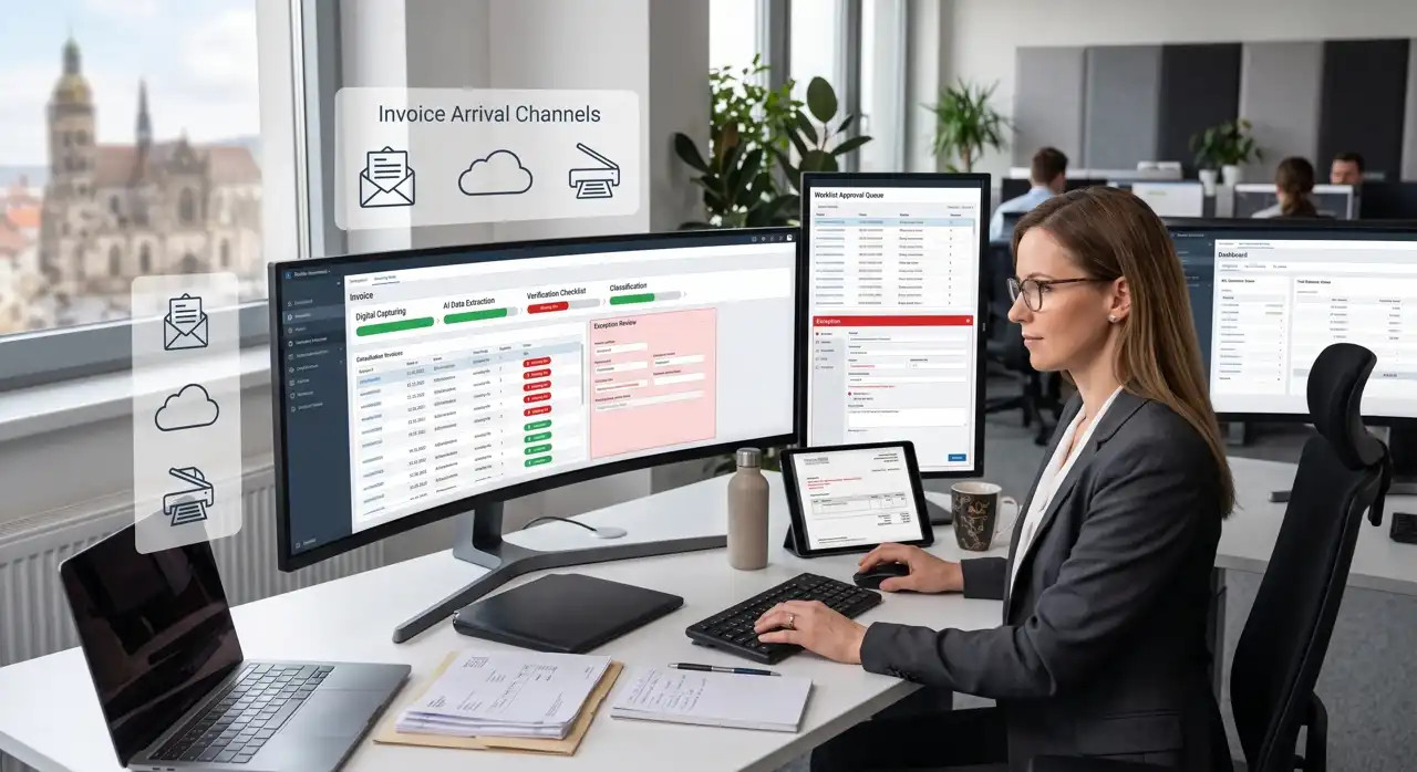 Žena v kancelárii pracuje pri počítačoch s dashboardom faktúr a schvaľovacím procesom.