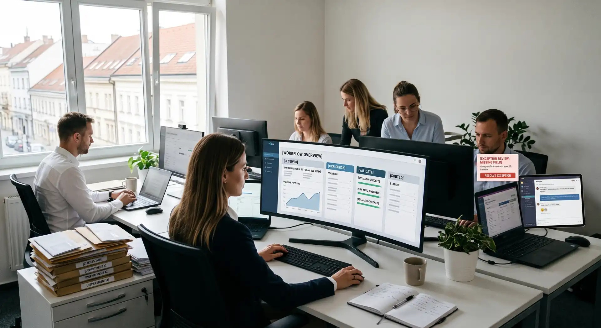 Tím ľudí v kancelárii sleduje viacero monitorov s dashboardmi a pracovnými výhľadmi.