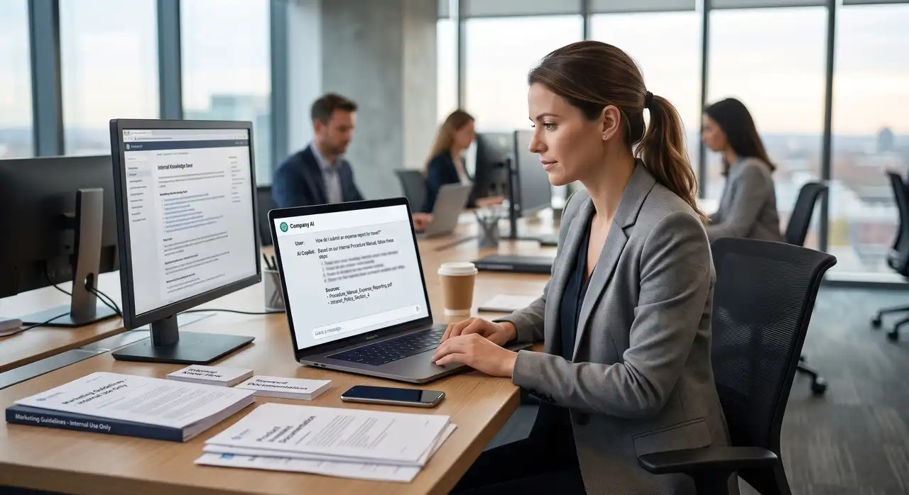 Žena v kancelárii pracuje pri notebooku s AI rozhraním, okolo kolegov pri pracovných stoloch.