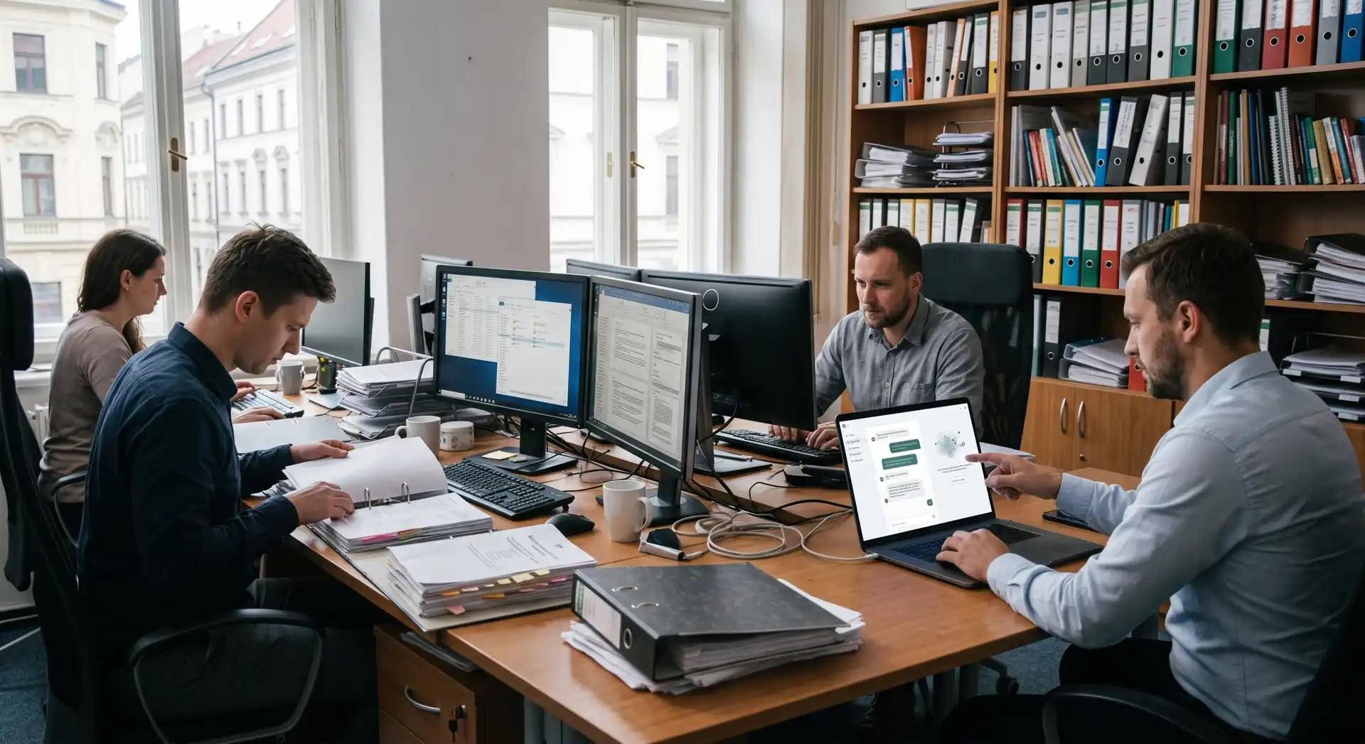 Tím ľudí v kancelárii pracuje pri počítačoch, dokumentoch a tabletoch, v pozadí regály s priečinkami.
