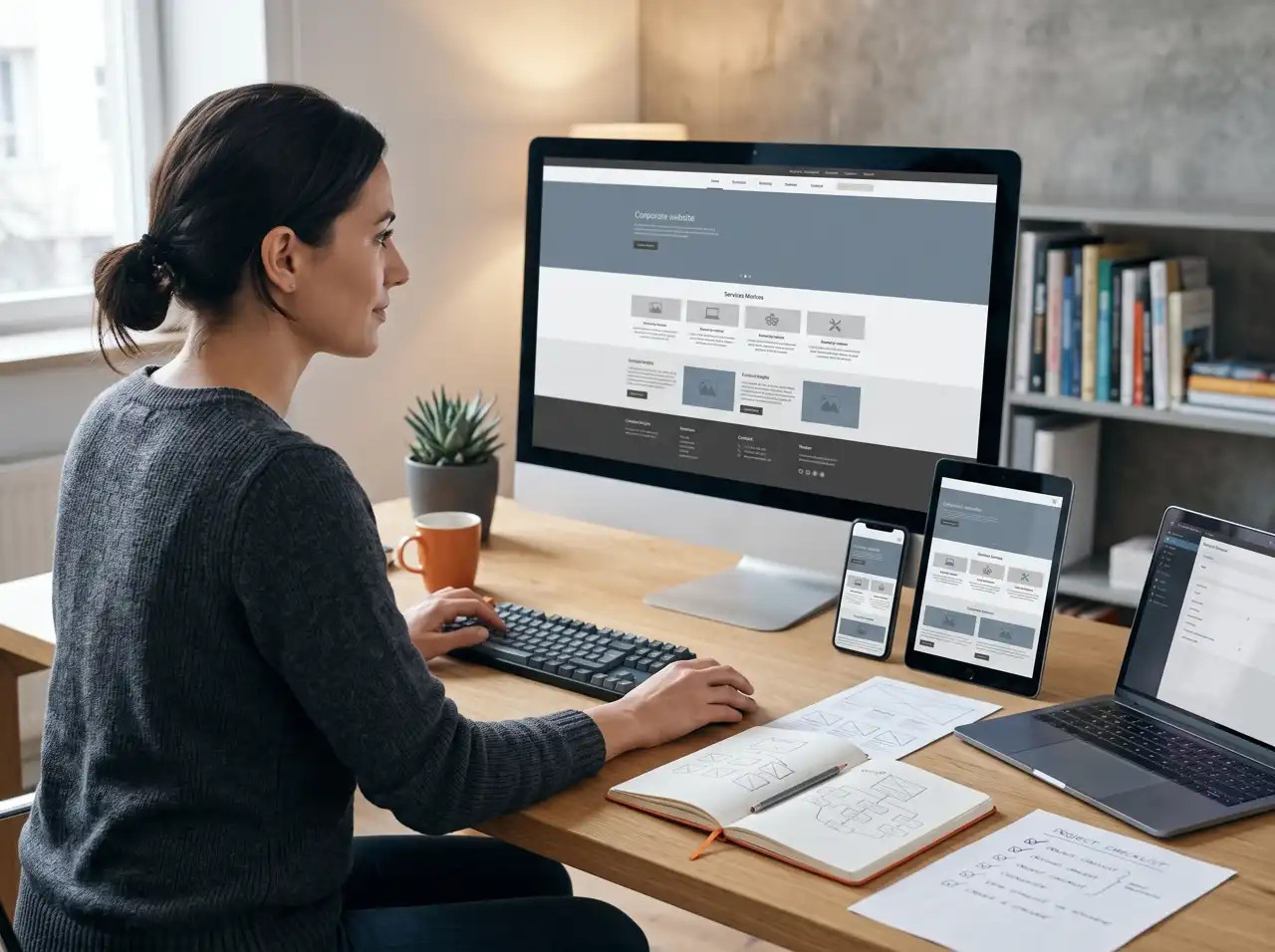 The professional website development process, from structuring and design right through to responsive display on computers, tablets and mobiles.