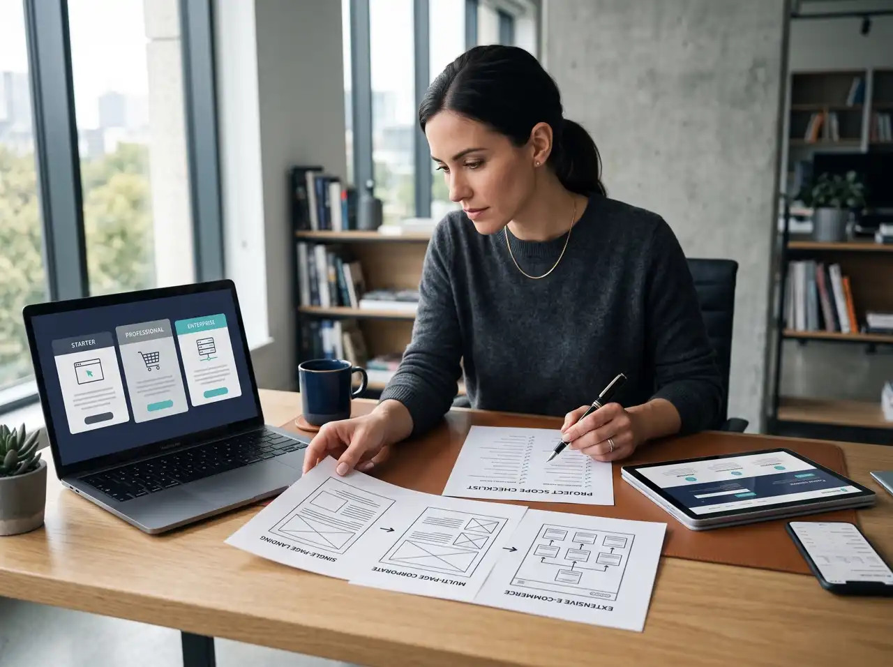 An overview and planning of the scope of a web project, with a clear breakdown of web development, web design, logo design and additional services.