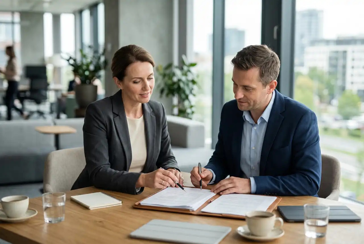 A pair of businesspeople in an office are signing documents at a desk; the woman is pointing out the details, whilst the man is writing with a pen.