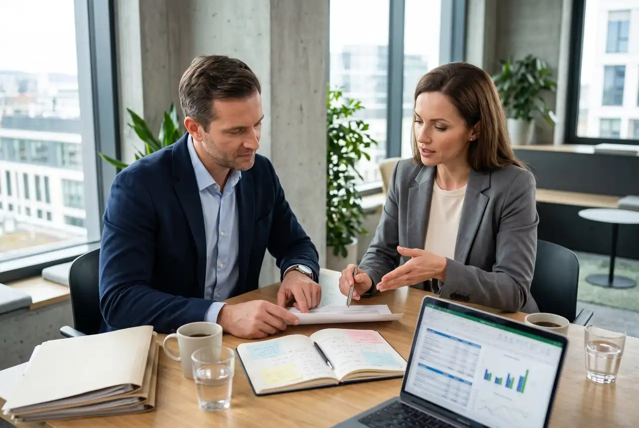 Two salespeople in an office are working together on documents at a laptop displaying charts.