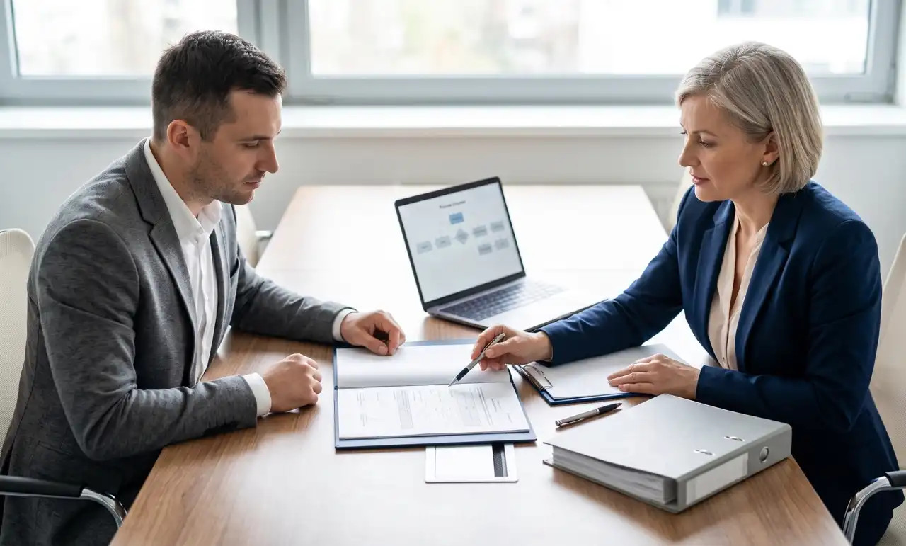 The consultant guides the client through the pre-arranged process of purchasing and transferring a Czech ready-made s. r. o.