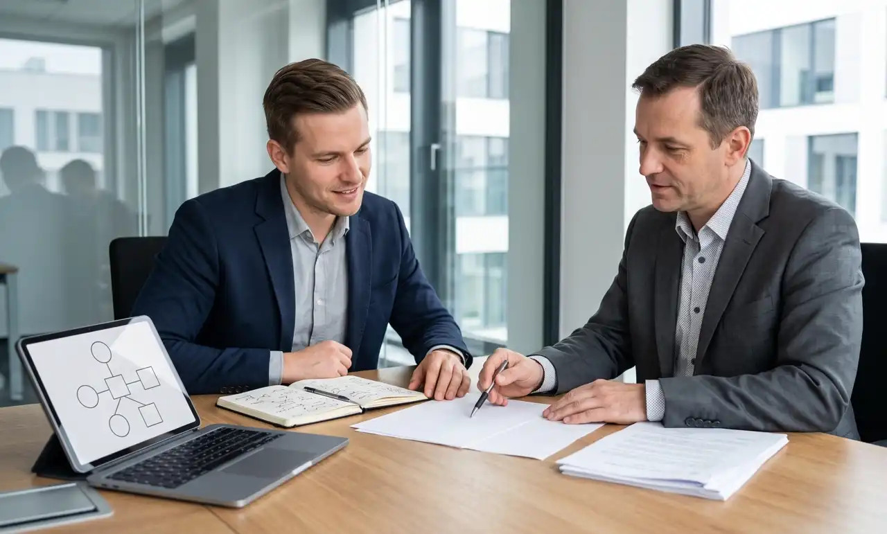 Der Unternehmer legt gemeinsam mit einem Berater die Struktur, die Unterlagen und die weiteren Schritte für die neue tschechische s. r. o. fest.